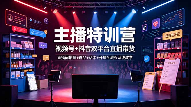 主播特训营:视频号+抖音双平台直播带货,直播间搭建+选品+话术+开播全流程系统教学-源创文化:轻创终点站