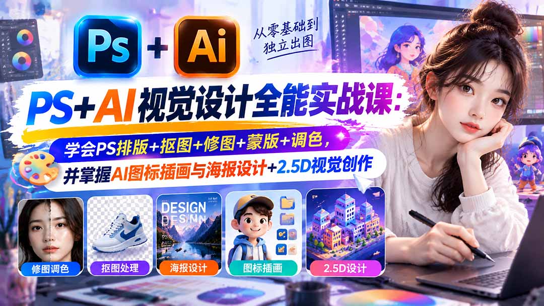 【无水印】PS+AI视觉设计全能实战课：学会PS排版+抠图+修图+蒙版+调色，并掌握AI图标插画与海报设计+2.5D视觉创作-轻创终点站