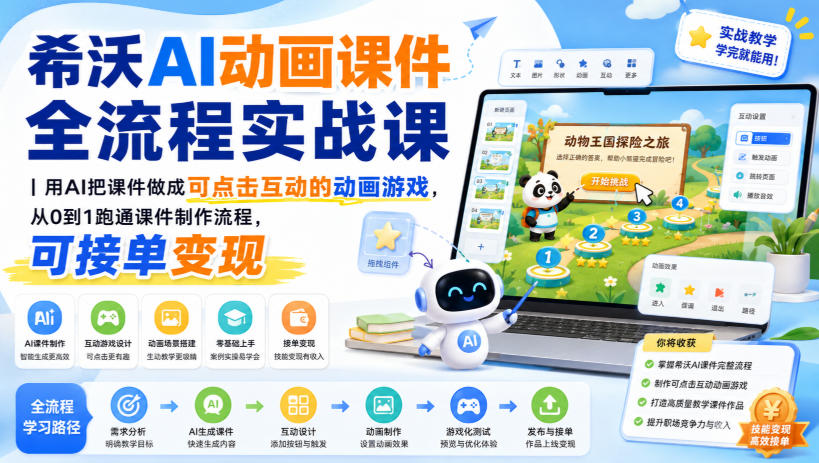 希沃AI动画课件全流程实战课｜用AI把课件做成可点击互动的动画游戏，从0到1跑通课件制作流程，可接单变现-轻创终点站