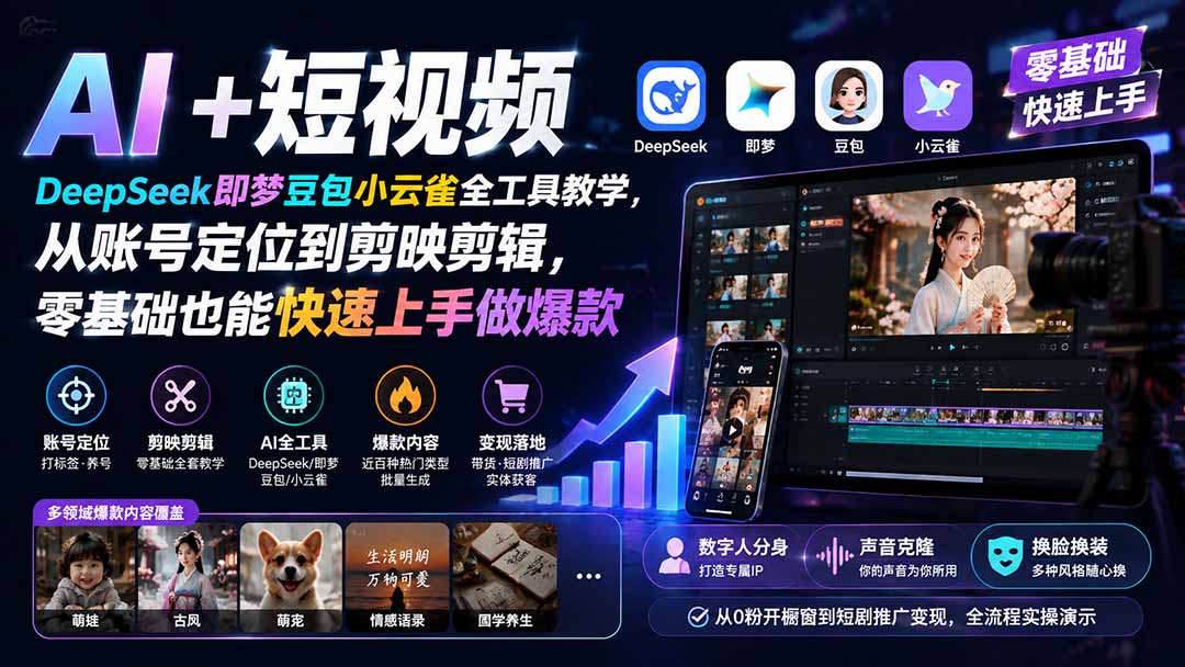 AI+短视频|DeepSeek即梦豆包小云雀全工具教学,从账号定位到剪映剪辑,零基础也能快速上手做爆款-轻创终点站