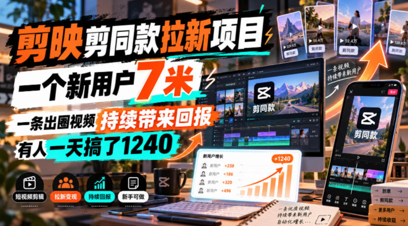 剪映剪同款拉新项目，一个新用户7米，一条出圈视频持续带来回报，有人一天搞了1240-轻创终点站