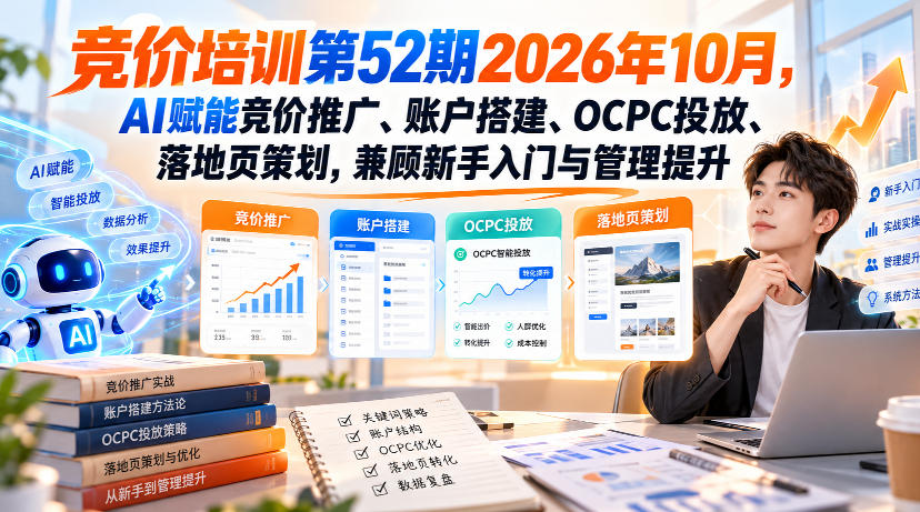 【无水印】竞价培训第52期2026年10月,AI赋能竞价推广、账户搭建、OCPC投放、落地页策划,兼顾新手入门与管理提升-轻创终点站