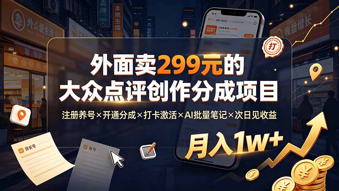 外面卖299元的大众点评创作分成项目：注册养号×开通分成×打卡激活×AI批量笔记×次日见收益，月入1w+-轻创终点站