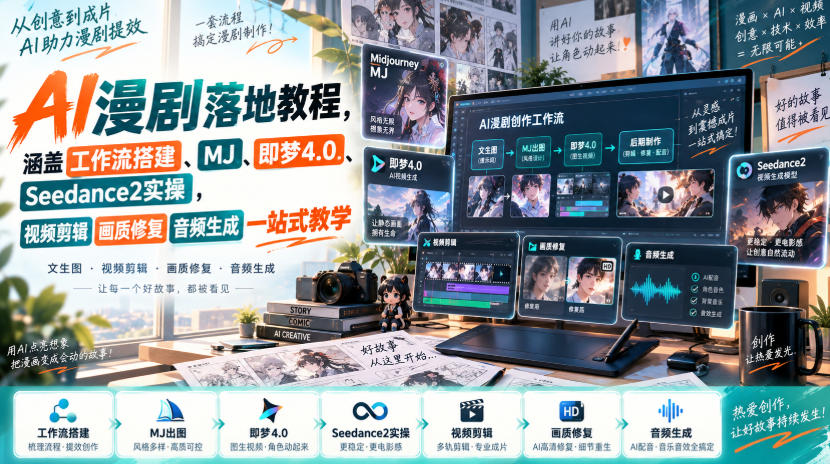 AI漫剧落地教程，涵盖工作流搭建、MJ、即梦4.0、Seedance2实操，视频剪辑画质修复音频生成一站式教学-轻创终点站