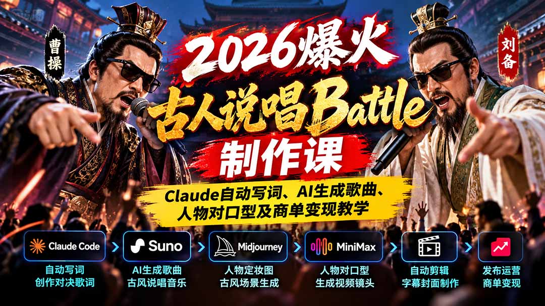 2026爆火古人说唱Battle制作课：Claude自动写词、AI生成歌曲、人物对口型及商单变现教学-轻创终点站