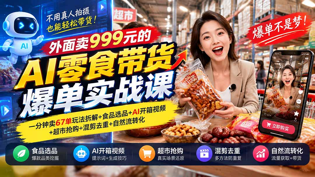 外面卖999元的AI零食带货爆单实战课｜一分钟卖67单玩法拆解+食品选品+AI开箱视频+超市抢购+混剪去重+自然流转化-轻创终点站