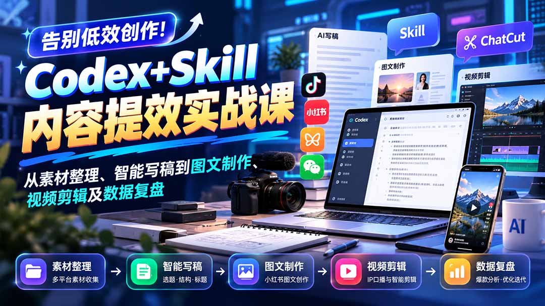【无水印】告别低效创作！Codex+Skill内容提效实战课：从素材整理、智能写稿到图文制作、视频剪辑及数据复盘-轻创终点站