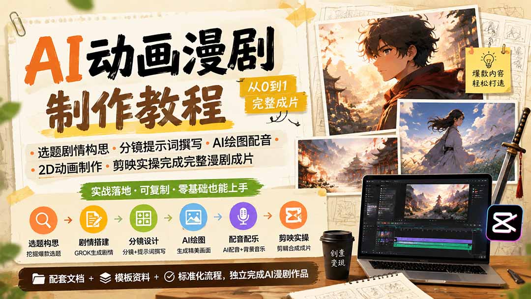 AI动画漫剧制作教程｜选题剧情构思·分镜提示词撰写·AI绘图配音·2D动画制作·剪映实操完成完整漫剧成片-轻创终点站