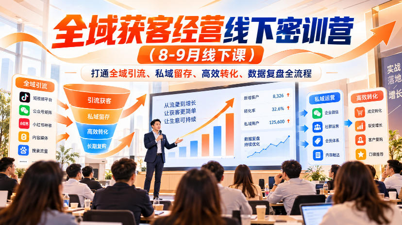 全域获客经营线下密训营(8-9月线下课)，打通全域引流、私域留存、高效转化、数据复盘全流程-轻创终点站
