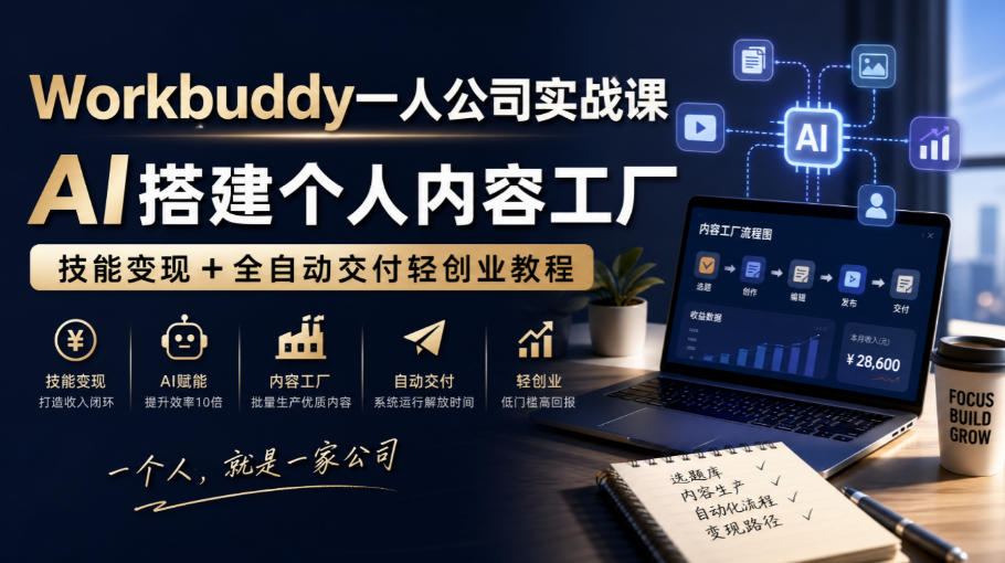 Workbuddy一人公司实战课，AI搭建个人内容工厂，技能变现+全自动交付轻创业教程​-轻创终点站
