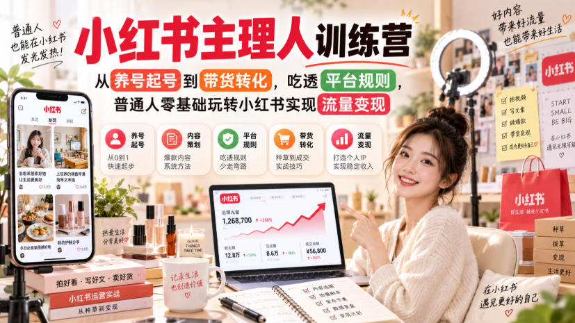 小红书主理人训练营，从养号起号到带货转化，吃透平台规则，普通人零基础玩转小红书实现流量变现-轻创终点站