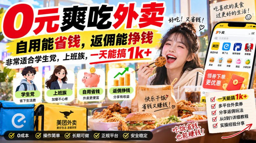 0元爽吃外卖，自用能省钱，返佣能挣钱，非常适合学生党，上班族，一天能搞1k+-轻创终点站