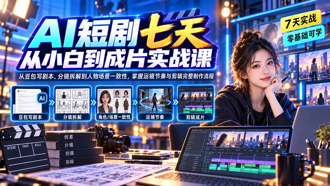 AI短剧七天从小白到成片实战课：从豆包写剧本、分镜拆解到人物场景一致性，掌握运镜节奏与剪辑完整制作流程-轻创终点站
