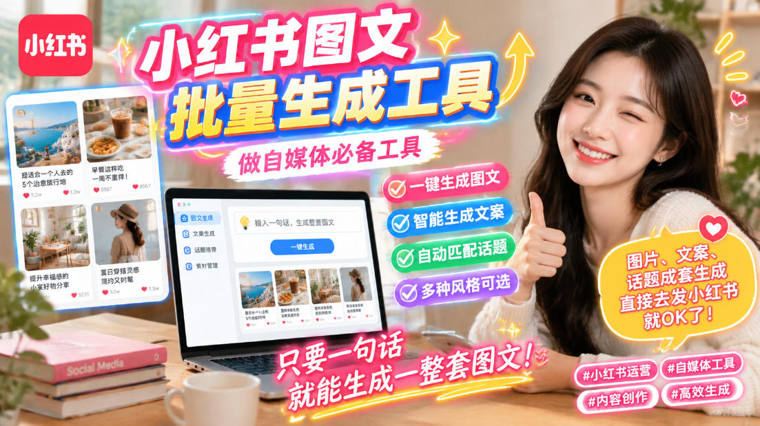 小红书图文批量生成工具，话题、文案、配图一键生成，直接发布，做自媒体必备工具-轻创终点站