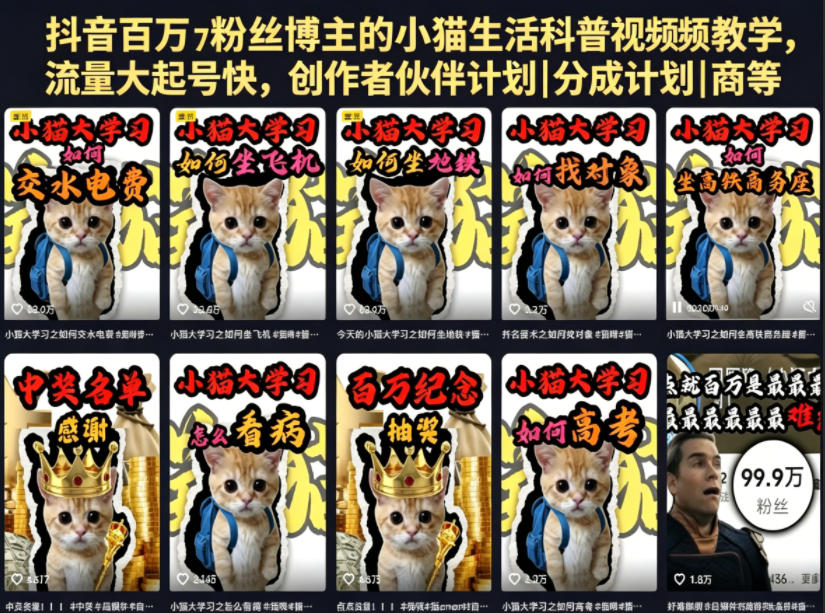 抖音百万粉丝博主的小猫生活科普视频教学，流量大起号快，创作者伙伴计划|分成计划|商单|收徒等-源创文化:轻创终点站