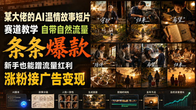 某大佬的AI温情故事短片赛道教学，自带自然流量，条条爆款，新手也能蹭流量红利，涨粉接广告变现-轻创终点站