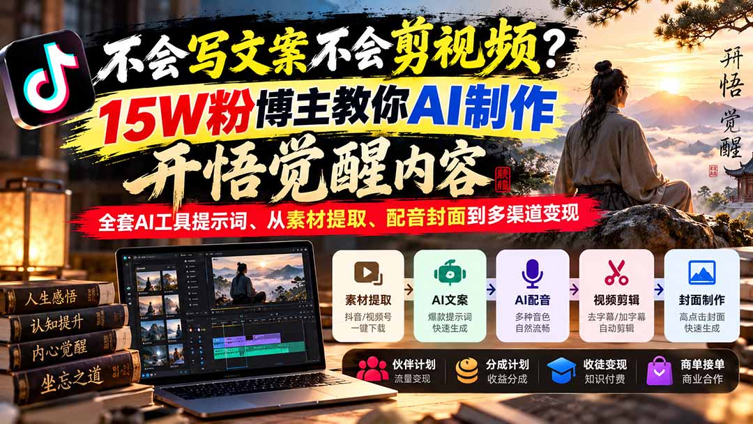 不会写文案不会剪视频？15W粉博主教你AI制作开悟觉醒内容，全套AI工具提示词、从素材提取、配音封面到多渠道变现-轻创终点站