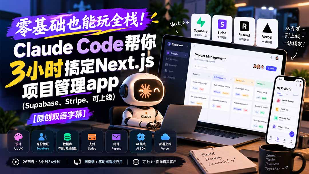 零基础也能玩全栈！Claude Code帮你3小时搞定Next.js项目管理app(Supabase、Stripe、可上线-轻创终点站