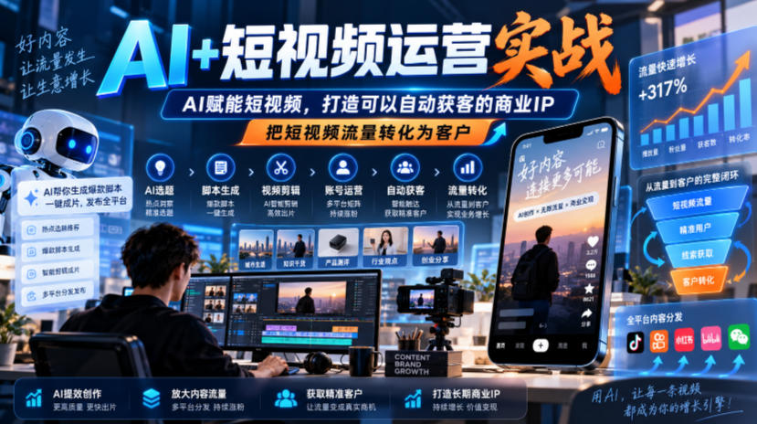 AI+短视频运营实战，AI赋能短视频，打造可以自动获客的商业IP，把短视频流量转化为客户-轻创终点站