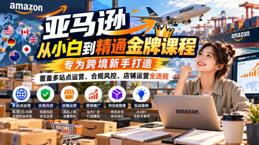 亚马逊从小白到精通金牌课程，专为跨境新手打造，覆盖多站点运营、合规风控、店铺运营全流程-轻创终点站