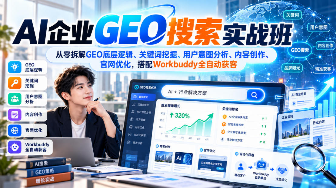 AI企业GEO搜索实战班，从零拆解GEO底层逻辑、关键词挖掘、用户意图分析、内容创作、官网优化，搭配Workbuddy全自动获客-轻创终点站