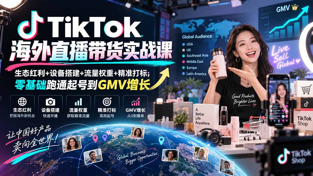 TikTok海外直播带货实战课|生态红利+设备搭建+流量权重+精准打标,零基础跑通起号到GMV增长-轻创终点站