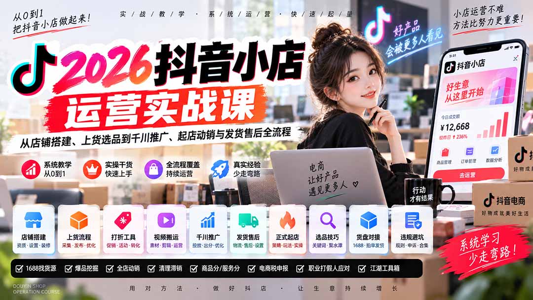 2026抖音小店运营实战课｜从店铺搭建、上货选品到千川推广、起店动销与发货售后全流程-轻创终点站