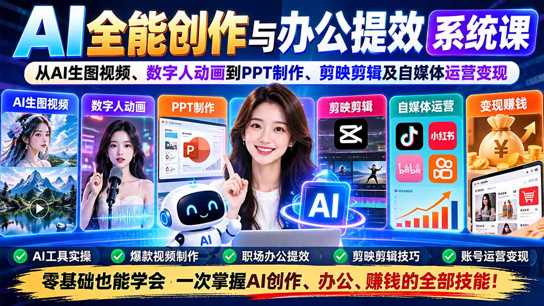 AI全能创作与办公提效系统课：从AI生图视频、数字人动画到PPT制作、剪映剪辑及自媒体运营变现-轻创终点站