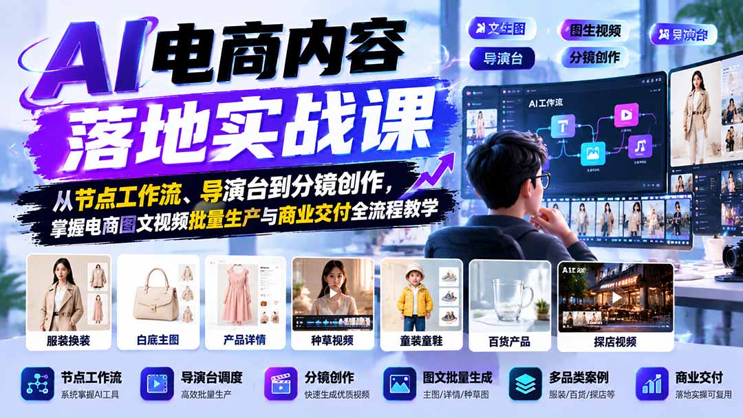 AI电商内容落地实战课：从节点工作流、导演台到分镜创作，掌握电商图文视频批量生产与商业交付全流程教学-轻创终点站