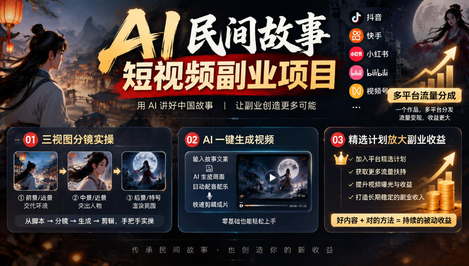 AI民间故事短视频副业项目，多平台流量分成，三视图分镜实操，精选计划放大副业收益-轻创终点站