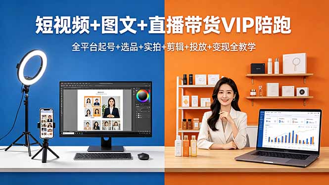 短视频+图文+直播带货VIP陪跑，全平台起号+选品+实拍+剪辑+投放+变现全教学-源创文化:轻创终点站