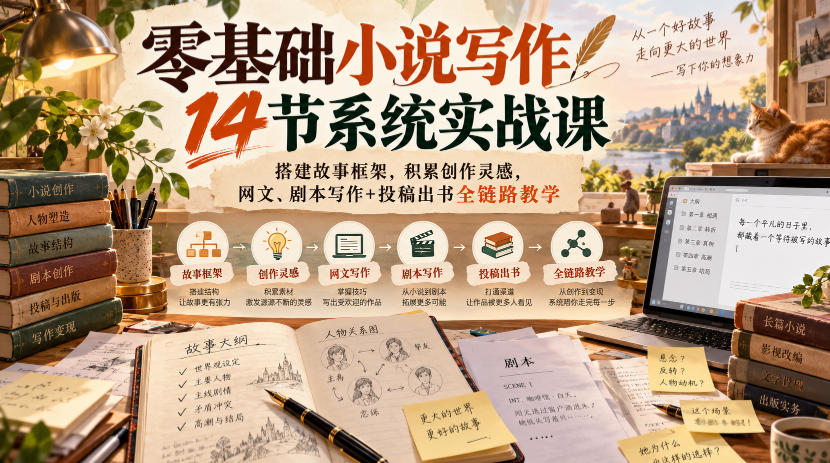 零基础小说写作14节系统实战课，搭建故事框架，积累创作灵感，网文、剧本写作+投稿出书全链路教学-轻创终点站