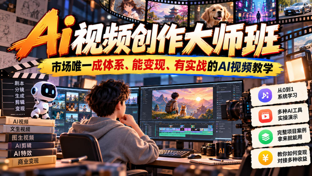 Ai视频创作大师班，市场唯一成体系、能变现、有实战的AI视频教学(更新2026)-轻创终点站