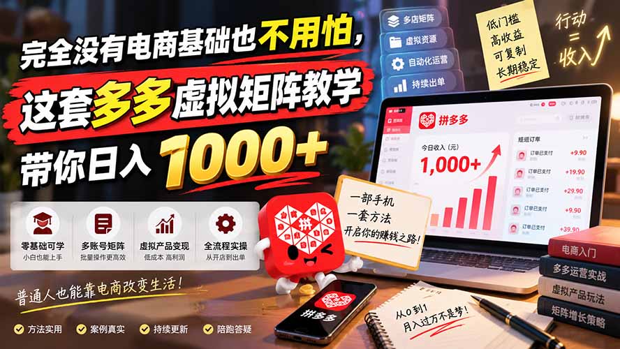 完全没有电商基础也不用怕，这套多多虚拟矩阵教学带你日入 1000+-轻创终点站
