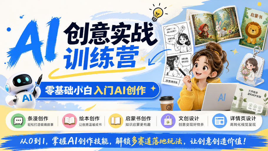 AI创意实战训练营，零基础小白入门AI创作，解锁条漫、绘本、启蒙书、文创、详情页多赛道落地玩法-轻创终点站