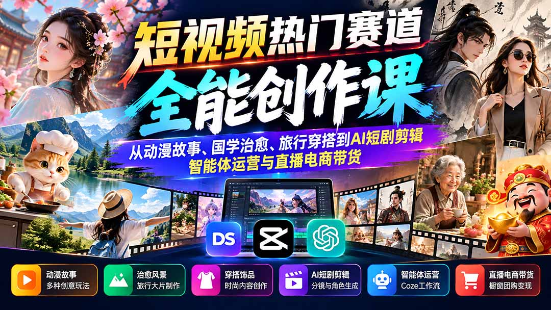 短视频热门赛道全能创作课：从动漫故事、国学治愈、旅行穿搭到AI短剧剪辑、智能体运营与直播电商带货-轻创终点站