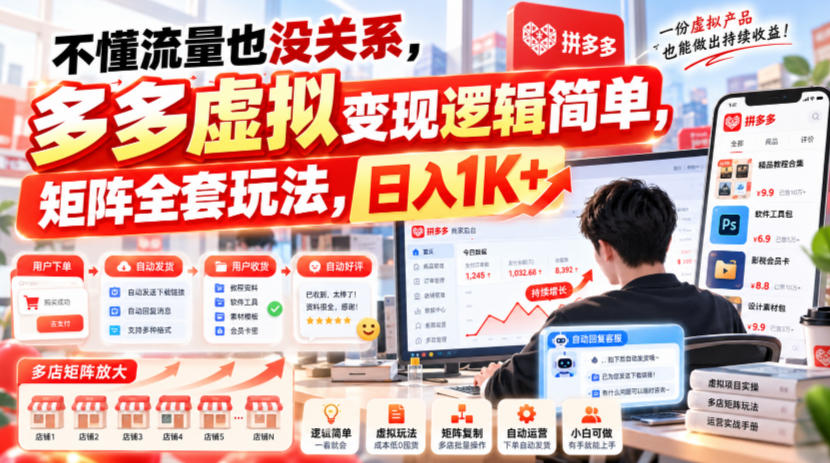 不懂流量也没关系，多多虚拟变现逻辑简单，矩阵全套玩法，日入1K+【揭秘】-轻创终点站