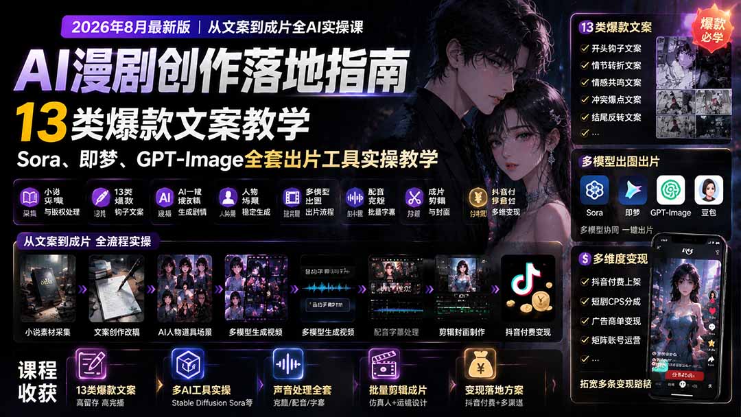 AI漫剧创作落地指南|13类爆款文案教学,Sora、即梦、GPT-Image全套出片工具实操教学-轻创终点站