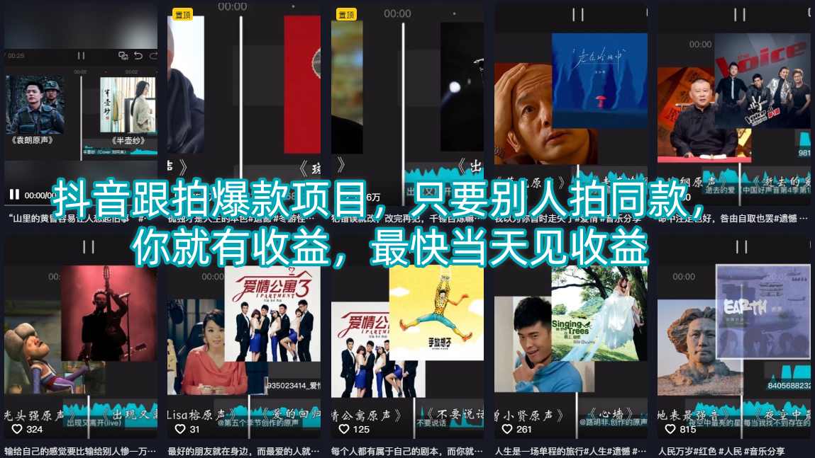 抖音跟拍爆款项目，只要别人拍同款，你就有收益，最快当天见收益-源创文化:轻创终点站