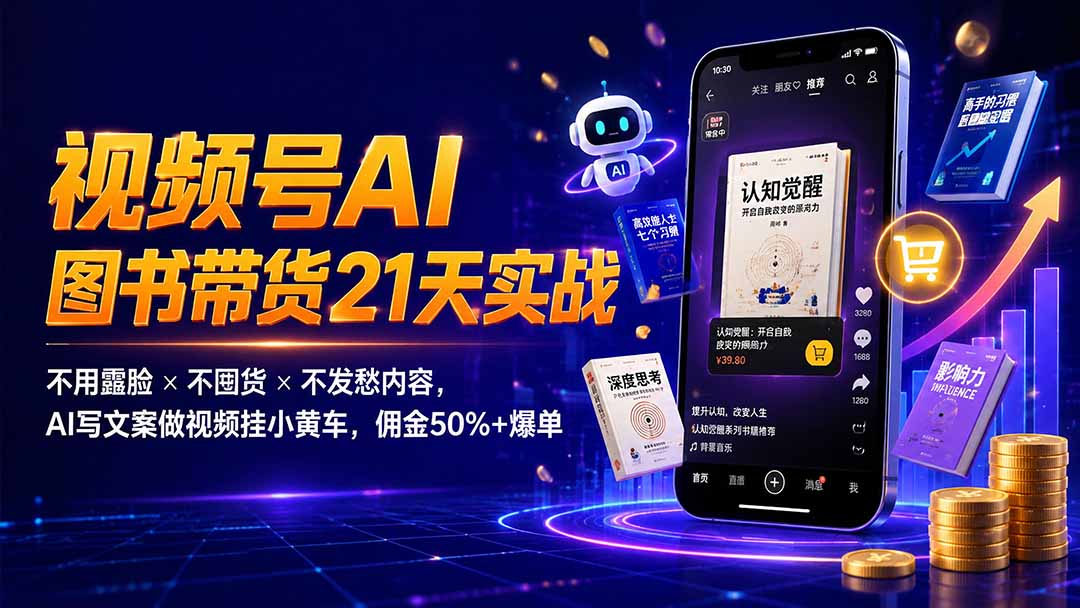 繁花视频号AI图书带货21天实战：不用露脸×不囤货×不发愁内容，AI写文案做视频挂小黄车，佣金50%+爆单-轻创终点站