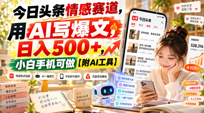 今日头条情感赛道，用AI写爆文，日入500+，小白手机可做【附AI工具】-轻创终点站