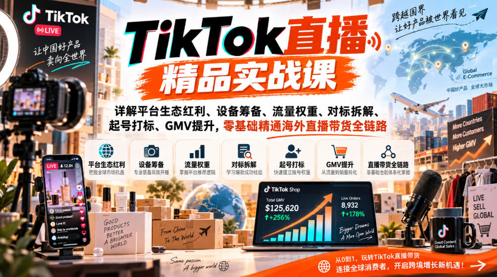 TikTok直播精品实战课，详解平台生态红利、设备筹备、流量权重、对标拆解、起号打标、GMV提升，零基础精通海外直播带货全链路-轻创终点站