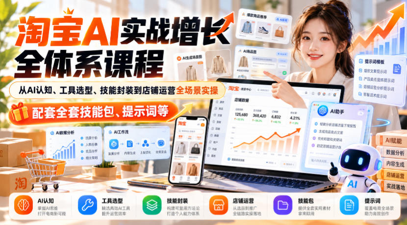 淘宝AI实战增长全体系课程，从AI认知、工具选型、技能封装到店铺运营全场景实操，配套全套技能包、提示词等-轻创终点站