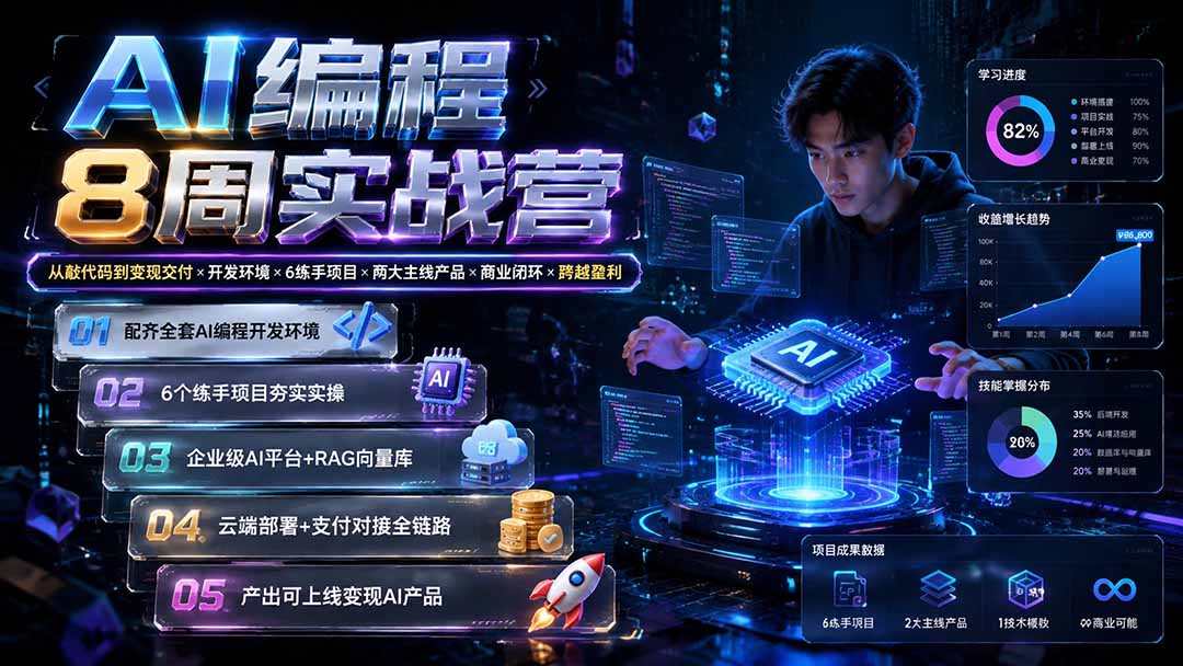 AI编程8周实战营：从敲代码到变现交付×开发环境×6练手项目×两大主线产品×商业闭环×跨越盈利-轻创终点站