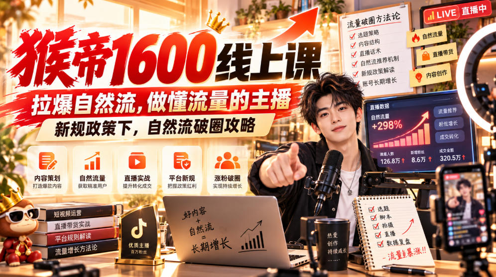 猴帝1600线上课，拉爆自然流，做懂流量的主播，新规政策下，自然流破圈攻略【更新261002】-轻创终点站