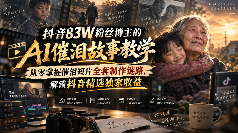 抖音83W粉丝博主的AI催泪故事教学,从零掌握催泪短片全套制作链路,解锁抖音精选独家收益-轻创终点站