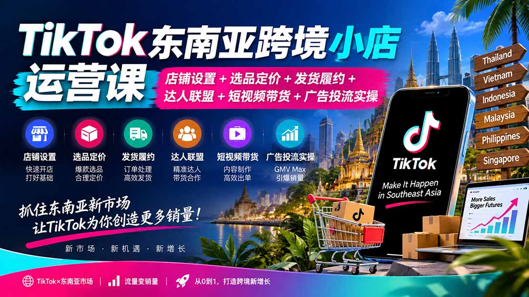TikTok东南亚跨境小店运营课：店铺设置+选品定价+发货履约+达人联盟+短视频带货+广告投流实操-轻创终点站