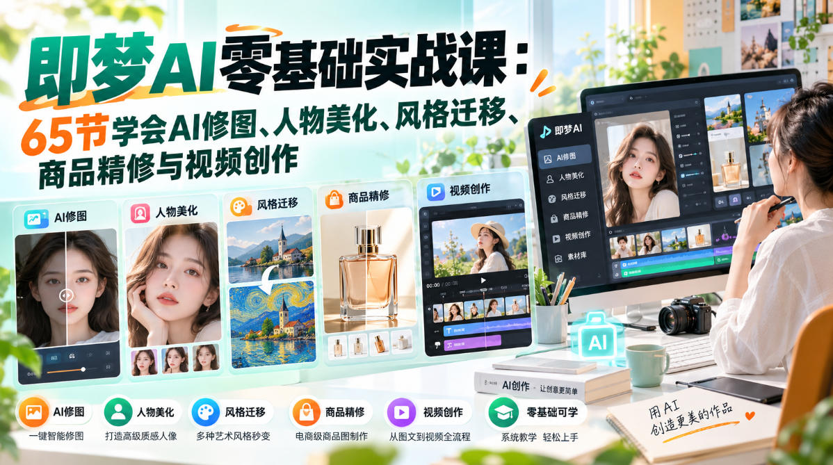 即梦AI零基础实战课：65节学会AI修图、人物美化、风格迁移、商品精修与视频创作-轻创终点站