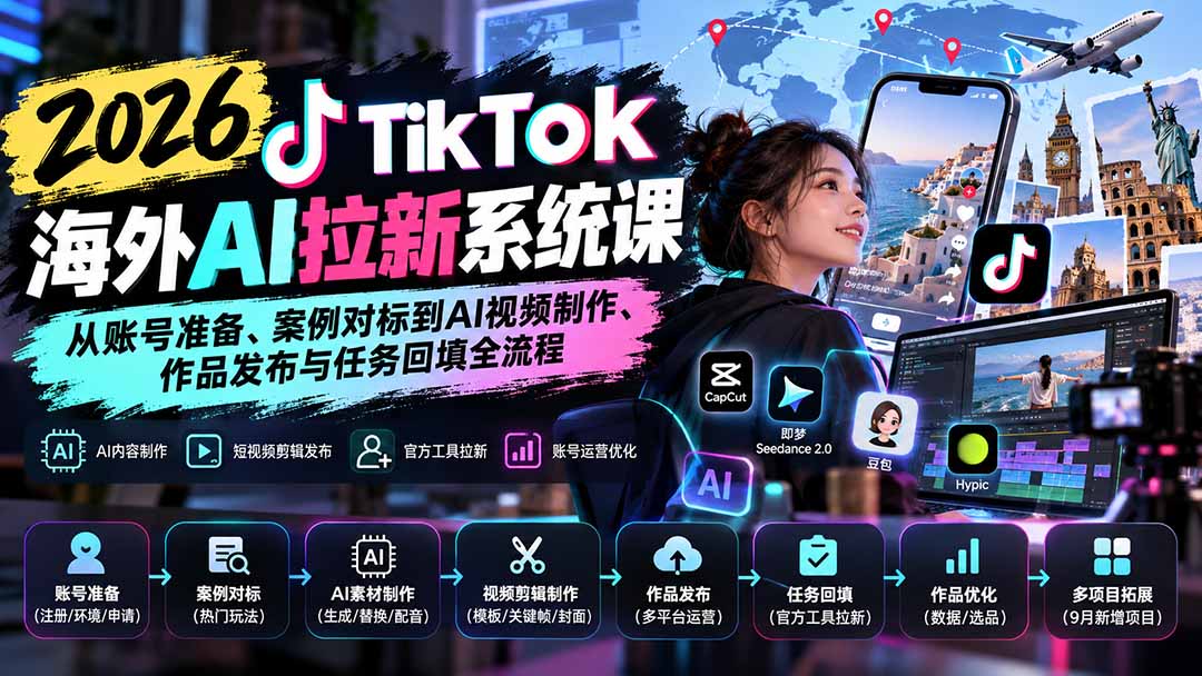 【无水印】2026 TikTok海外AI拉新系统课：从账号准备、案例对标到AI视频制作、作品发布与任务回填全流程-轻创终点站