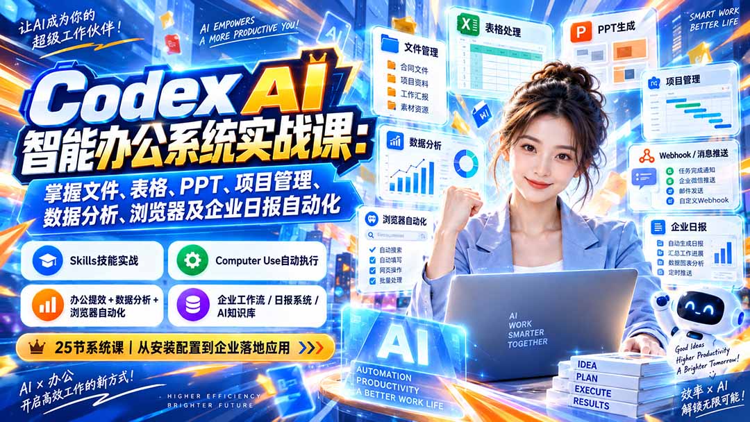 Codex AI智能办公系统实战课：掌握文件、表格、PPT、项目管理、数据分析、浏览器及企业日报自动化-轻创终点站